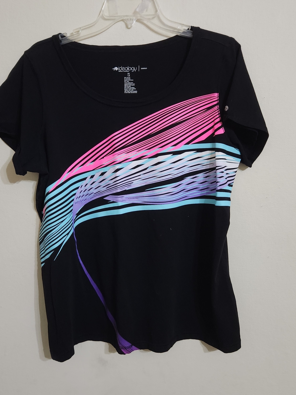 Ideology Black Tee with Pink, Teal & Purple Wave Print